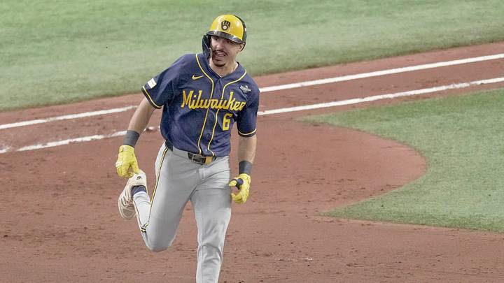 Milwaukee Brewers third baseman David Hamilton runs the bases after his solo home run during the fifth inning during Game 4 of the World Series. Milwaukee Brewers third baseman David Hamilton runs the bases after his solo home run during the fifth inning during Game 4 of the World Series.