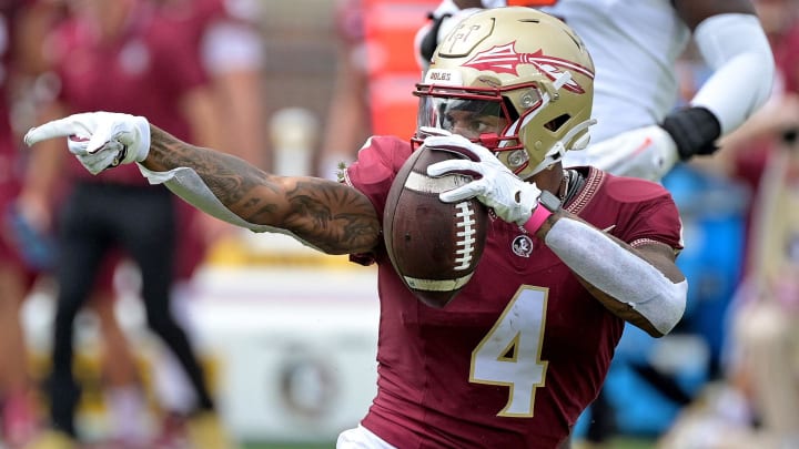 Oct 14, 2023; Tallahassee, Florida, USA; Florida State Seminoles wide receiver Keon Coleman (4)