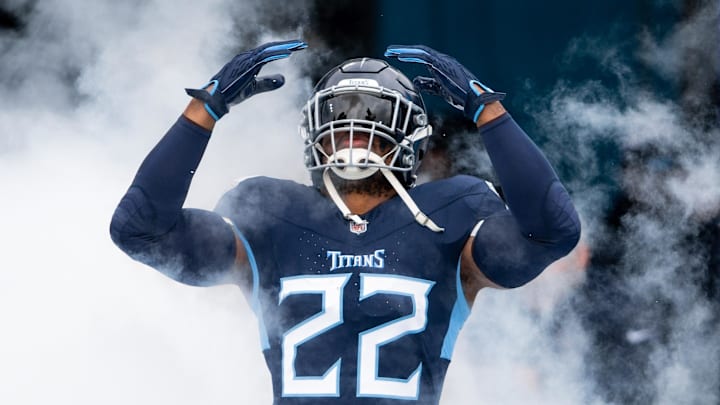Jan 7, 2024; Nashville, Tennessee, USA;  Tennessee Titans running back Derrick Henry (22) takes