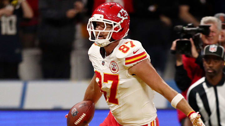 [US, Mexico & Canada customers only] Sep 5, 2025; Sao Paulo, BRAZIL; Kansas City Chiefs tight end Travis Kelce (87) celebrates scoring a touchdown against the Los Angeles Chargers in the second half during a NFL game at Corinthians Arena. Mandatory Credit: Jean Carniel/Reuters via Imagn Images