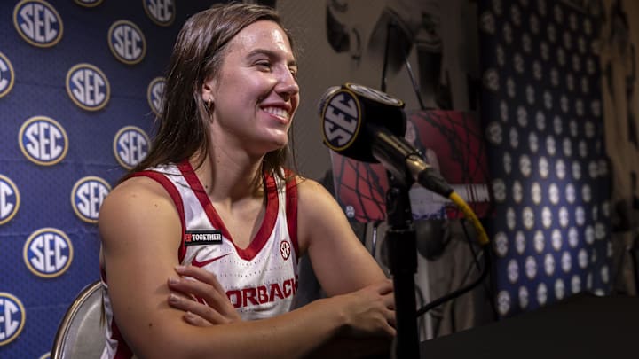 Oct 16, 2024; Birmingham, AL, USA;  Arkansas Razorbacks guard Izzy Higginbottom talks with the media during SEC Media Days at Grand Bohemian Hotel. Mandatory Credit: Vasha Hunt-Imagn Images