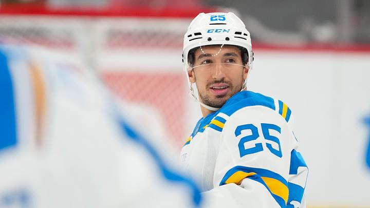 Mar 12, 2026; Raleigh, North Carolina, USA;  St. Louis Blues right wing Jordan Kyrou (25) looks on during the warmups before the game against the Carolina Hurricanes  at Lenovo Center. Mandatory Credit: James Guillory-Imagn Images