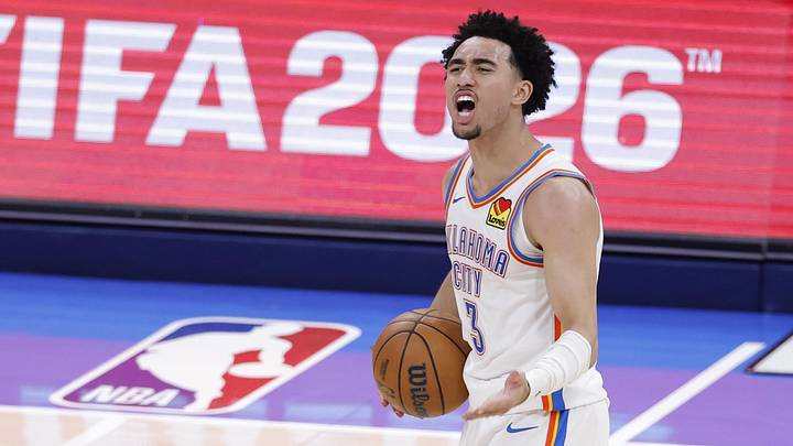 May 26, 2026; Oklahoma City, Oklahoma, USA; Oklahoma City Thunder guard Jared McCain (3) reacts after a basket during the fourth quarter against the San Antonio Spurs in game five of the western conference finals for the 2026 NBA playoffs at Paycom Center. Mandatory Credit: Alonzo Adams-Imagn Images