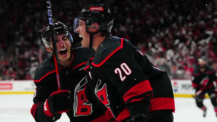 Apr 22, 2024; Raleigh, North Carolina, USA; Carolina Hurricanes center Sebastian Aho (20) celebrates his goal with defenseman Brady Skjei (76) against the New York Islanders during the third period in game two of the first round of the 2024 Stanley Cup Playoffs at PNC Arena. Mandatory Credit: James Guillory-USA TODAY Sports Apr 22, 2024; Raleigh, North Carolina, USA; Carolina Hurricanes center Sebastian Aho (20) celebrates his goal with defenseman Brady Skjei (76) against the New York Islanders during the third period in game two of the first round of the 2024 Stanley Cup Playoffs at PNC Arena. Mandatory Credit: James Guillory-USA TODAY Sports