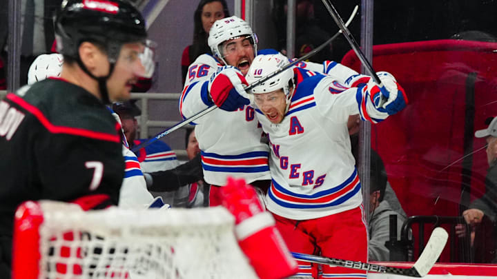 May 9, 2024; Raleigh, North Carolina, USA; New York Rangers left wing Artemi Panarin (10) celebrates