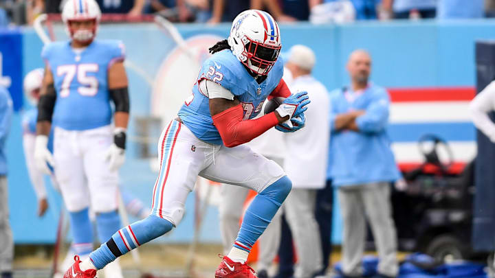 Oct 29, 2023; Nashville, Tennessee, USA;  Tennessee Titans running back Derrick Henry (22) runs the
