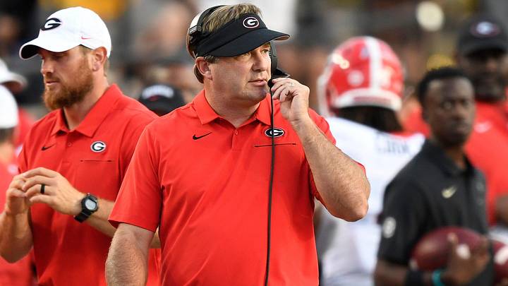 Georgia head coach Kirby Smart walks the sideline during the first half against Vanderbilt at Vanderbilt Stadium in Nashville, Tenn., Saturday, Aug. 31, 2019.

An58878