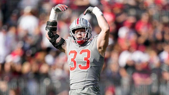 Oct 5, 2024; Columbus, OH, USA; Ohio State Buckeyes defensive end Jack Sawyer (33) tries to pump up the fans during an Iowa Hawkeyes third down in the first quarter during the NCAA football game at Ohio Stadium.