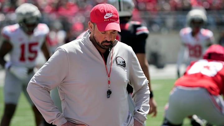 Ohio State Buckeye head coach Ryan Day looks away from the field of play after a dropped pass in the 2nd half during the spring game at Ohio Stadium on April 12, 2025.