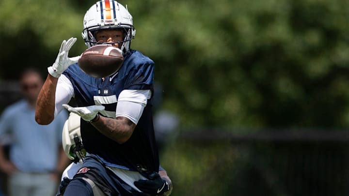 Auburn Tigers wide receiver Horatio Fields (5) catches a pass during practice at Woltosz Football Performance Center in Auburn, Ala. on Thursday, Aug. 14, 2025.