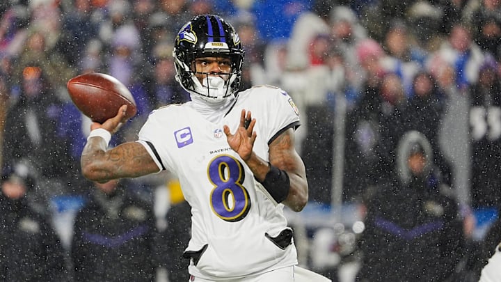 Baltimore Ravens quarterback Lamar Jackson gets off a pass during first half action during the Buffalo Bills divisional game against the Baltimore Ravens at Highmark Stadium in Orchard Park on Jan. 19, 2025. Baltimore Ravens quarterback Lamar Jackson gets off a pass during first half action during the Buffalo Bills divisional game against the Baltimore Ravens at Highmark Stadium in Orchard Park on Jan. 19, 2025.