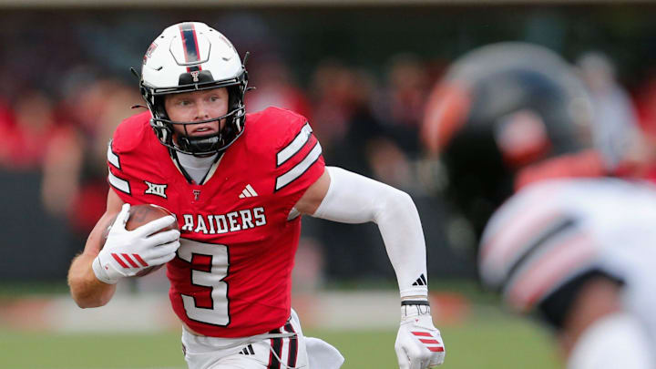 Texas Tech's Coy Eakin runs after a catch against Oklahoma State in a Big 12 football game Saturday, Oct. 25, 2025, at Jones AT&T Stadium.