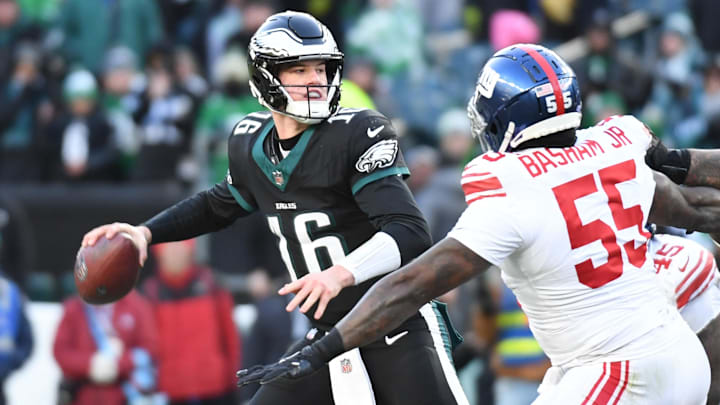Philadelphia Eagles quarterback Tanner McKee (16) throws a pass during the fourth quarter against the New York Giants at Lincoln Financial Field.