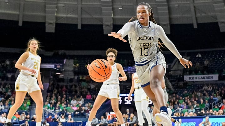 Feb 23, 2023; South Bend, Indiana, USA; Georgia Tech Yellow Jackets forward Kayla Blackshear (13) goes after the ball.