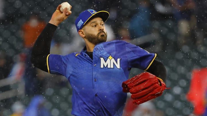 Sep 19, 2025; Minneapolis, Minnesota, USA; Minnesota Twins starting pitcher Pablo Lopez (49) throws to the Cleveland Guardians in the first inning at Target Field. Mandatory Credit: Bruce Kluckhohn-Imagn Images
