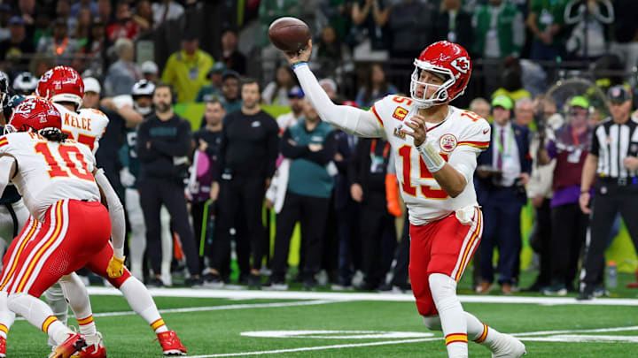Feb 9, 2025; New Orleans, LA, USA; Kansas City Chiefs quarterback Patrick Mahomes (15) passes the ball against the Philadelphia Eagles during the first half of Super Bowl LIX at Caesars Superdome. Mandatory Credit: Geoff Burke-Imagn Images