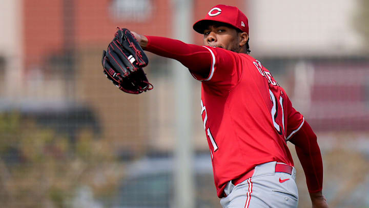 Cincinnati Reds pitcher Hunter Greene practices his pitch, Monday, Feb. 17, 2025, at the Cincinnati Reds Player Development Complex in Goodyear, Ariz. Today marks the first day of full squad workouts for spring training.