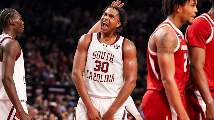 Mar 1, 2025; Columbia, South Carolina, USA; South Carolina Gamecocks forward Collin Murray-Boyles (30) celebrates a play against the Arkansas Razorbacks in the first half at Colonial Life Arena. Mandatory Credit: Jeff Blake-Imagn Images