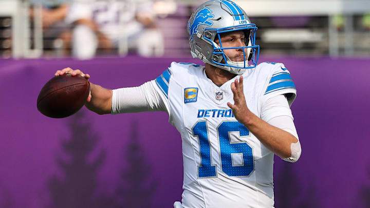 Oct 20, 2024; Minneapolis, Minnesota, USA; Detroit Lions quarterback Jared Goff (16) throws the ball against the Minnesota Vikings during the first quarter at U.S. Bank Stadium. Oct 20, 2024; Minneapolis, Minnesota, USA; Detroit Lions quarterback Jared Goff (16) throws the ball against the Minnesota Vikings during the first quarter at U.S. Bank Stadium.