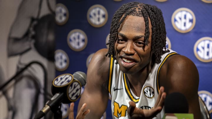 Oct 15, 2024; Birmingham, AL, USA; Missouri Tigers guard Mark Mitchell talks with the media during SEC Media Days at Grand Bohemian Hotel. Mandatory Credit: Vasha Hunt-Imagn Images