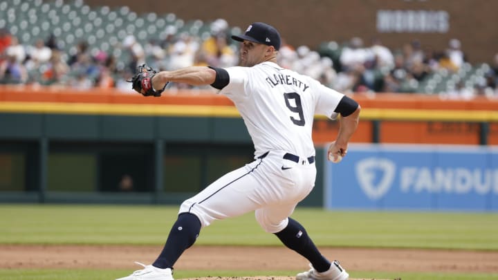 Apr 14, 2024; Detroit, Michigan, USA; Detroit Tigers pitcher Jack Flaherty (9) throws during the game against the Minnesota Twins at Comerica Park.