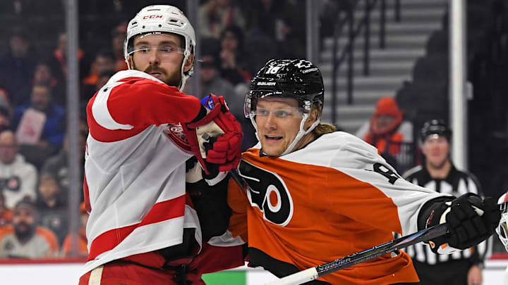 Detroit Red Wings center Michael Rasmussen (27) and Philadelphia Flyers center Rodrigo Abols (18) battle for position at Wells Fargo Center. Mandatory Credit: Eric Hartline-Imagn Images Detroit Red Wings center Michael Rasmussen (27) and Philadelphia Flyers center Rodrigo Abols (18) battle for position at Wells Fargo Center. Mandatory Credit: Eric Hartline-Imagn Images