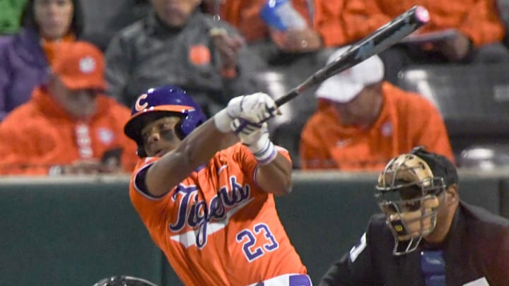 Clemson sophomore Jarren Purify (23) bats against South Carolina during the bottom of the fourth inning at Doug Kingsmore Stadium in Clemson, S.C. Friday, February 28, 2025.