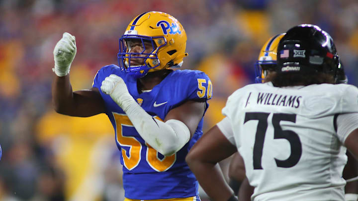 Pittsburgh Panthers Dayon Hayes (50) reacts after sacking Cincinnati Bearcats quarterback Emory Jones during second half at Acrisure Stadium in Pittsburgh, PA on September 9, 2023