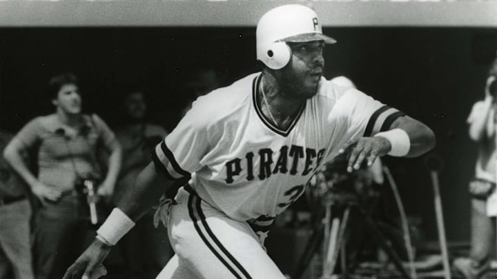 Pittsburgh Pirates outfielder Dave Parker (39) in action at the plate at Three Rivers stadium. Parker became the first baseball athlete to get paid on a million dollar per year contract. 
