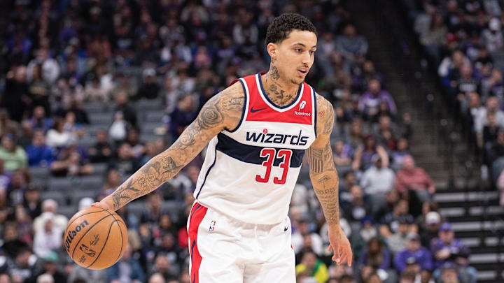Jan 19, 2025; Sacramento, California, USA; Washington Wizards forward Kyle Kuzma (33) controls the ball against the Sacramento Kings during the first quarter at Golden 1 Center. Mandatory Credit: Ed Szczepanski-Imagn Images