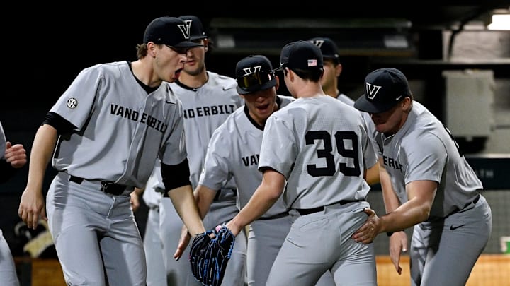 Vanderbilt pitcher Connor Fennell (39) is congratulated after striking out a Tennessee Tech batter for the third out in the fourth inning of an NCAA college baseball game at Hawkins Field Tuesday, Feb. 25, 2025, in Nashville, Tenn. Vanderbilt pitcher Connor Fennell (39) is congratulated after striking out a Tennessee Tech batter for the third out in the fourth inning of an NCAA college baseball game at Hawkins Field Tuesday, Feb. 25, 2025, in Nashville, Tenn.