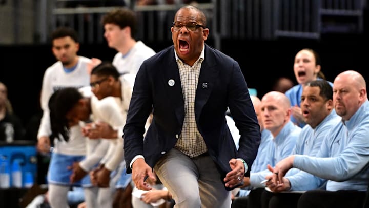 Mar 21, 2025; Milwaukee, WI, USA; North Carolina Tar Heels head coach Hubert Davis during the first half of a first round NCAA men’s tournament game against the Mississippi Rebels at Fiserv Forum. Mandatory Credit: Benny Sieu-Imagn Images
