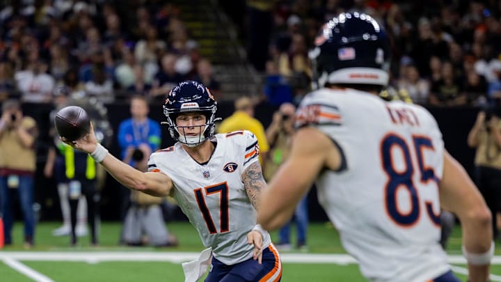Nov 5, 2023; New Orleans, Louisiana, USA;  Chicago Bears quarterback Tyson Bagent (17) passes to
