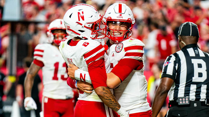 Nebraska receiver Dane Key (left) celebrates his touchdown reception with quarterback Dylan Raiola in the Huskers' win over Cincinnati. Nebraska receiver Dane Key (left) celebrates his touchdown reception with quarterback Dylan Raiola in the Huskers' win over Cincinnati.