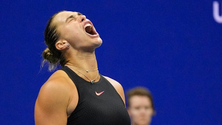 Sept 5 2024; Flushing, NY, USA; Aryna Sabalenka reacts after a winner to Emma Navarro (USA) on day eleven of the 2024 U.S. Open tennis tournament at USTA Billie Jean King National Tennis Center. Mandatory Credit: Robert Deutsch-Imagn Images