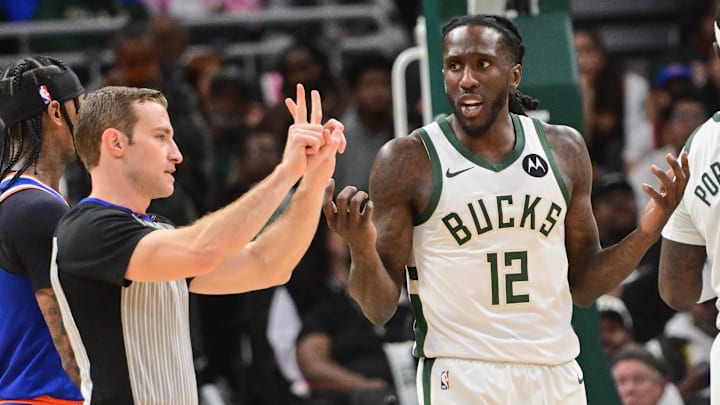 Oct 28, 2025; Milwaukee, Wisconsin, USA: Milwaukee Bucks wing Taurean Prince (12) reacts to a foul call by referee Brandon Schwab in the second quarter at Fiserv Forum. Mandatory Credit: Benny Sieu-Imagn Images