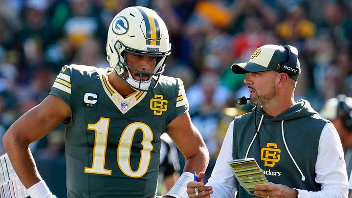 Green Bay Packers quarterback Jordan Love (10) and Green Bay Packers head coach Matt LaFleur
