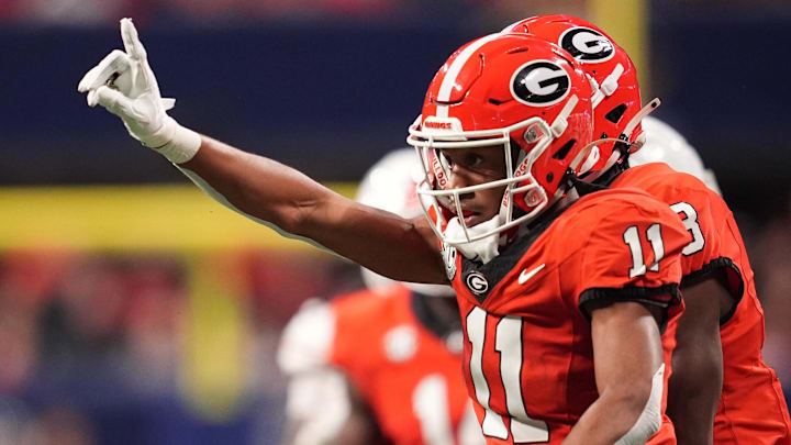 Dec 7, 2024; Atlanta, GA, USA; Georgia Bulldogs linebacker Jalon Walker (11) reacts against the Texas Longhorns during the first half in the 2024 SEC Championship game at Mercedes-Benz Stadium. Mandatory Credit: Dale Zanine-Imagn Images