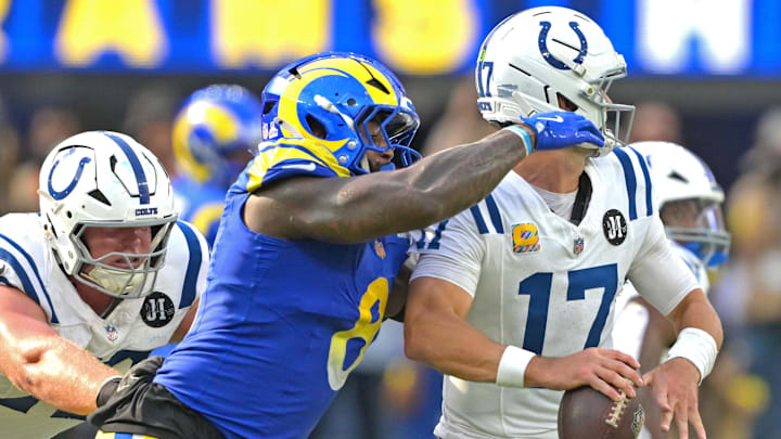 Sep 28, 2025; Inglewood, California, USA; Los Angeles Rams linebacker Jared Verse (8) forces a fumble by Indianapolis Colts quarterback Daniel Jones (17) in the fourth quarter at SoFi Stadium. Mandatory Credit: Jayne Kamin-Oncea-Imagn Images Sep 28, 2025; Inglewood, California, USA; Los Angeles Rams linebacker Jared Verse (8) forces a fumble by Indianapolis Colts quarterback Daniel Jones (17) in the fourth quarter at SoFi Stadium. Mandatory Credit: Jayne Kamin-Oncea-Imagn Images