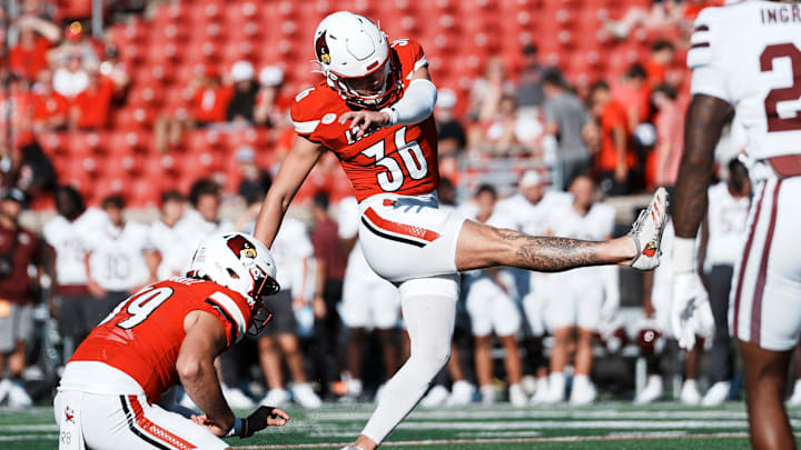 Louisville Cardinals place kicker Cooper Ranvier (36) kicks a field goal during the Cards' 51-17 win over Eastern Kentucky University at the Cardinals' season opener Saturday, August 30, 2025 at L&N Federal Credit Union Stadium in Louisville, Kentucky. Louisville Cardinals place kicker Cooper Ranvier (36) kicks a field goal during the Cards' 51-17 win over Eastern Kentucky University at the Cardinals' season opener Saturday, August 30, 2025 at L&N Federal Credit Union Stadium in Louisville, Kentucky.