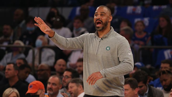 Oct 20, 2021; New York, New York, USA; Boston Celtics head coach Ime Udoka coaches against the New York Knicks during the first quarter at Madison Square Garden. Mandatory Credit: Brad Penner-Imagn Images