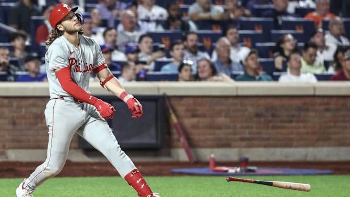 Sep 19, 2024; New York City, New York, USA; Philadelphia Phillies third baseman Alec Bohm (28) reacts after popping out to end the seventh inning against the New York Mets at Citi Field. Sep 19, 2024; New York City, New York, USA; Philadelphia Phillies third baseman Alec Bohm (28) reacts after popping out to end the seventh inning against the New York Mets at Citi Field.