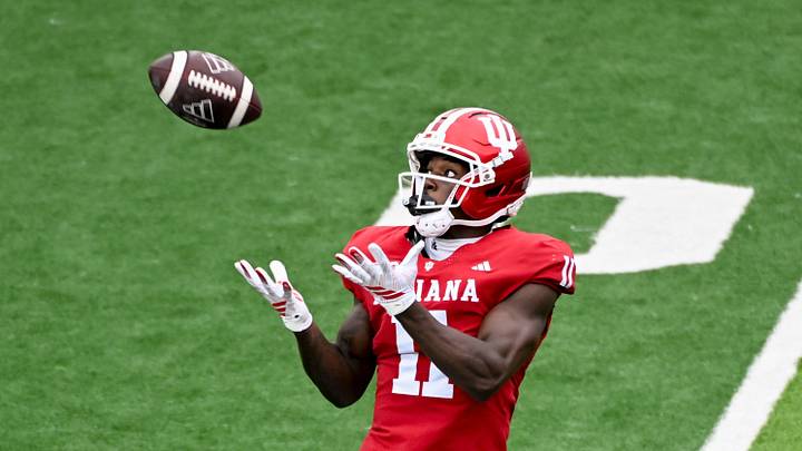Sep 12, 2026; Bloomington, Indiana, USA; Indiana Hoosiers wide receiver Nick Marsh (11) catches a pass that he would run in for a touchdown against the Howard Bison during the second half at Merchants Bank Field at Memorial Stadium. Mandatory Credit: Robert Goddin-Imagn Images Sep 12, 2026; Bloomington, Indiana, USA; Indiana Hoosiers wide receiver Nick Marsh (11) catches a pass that he would run in for a touchdown against the Howard Bison during the second half at Merchants Bank Field at Memorial Stadium. Mandatory Credit: Robert Goddin-Imagn Images