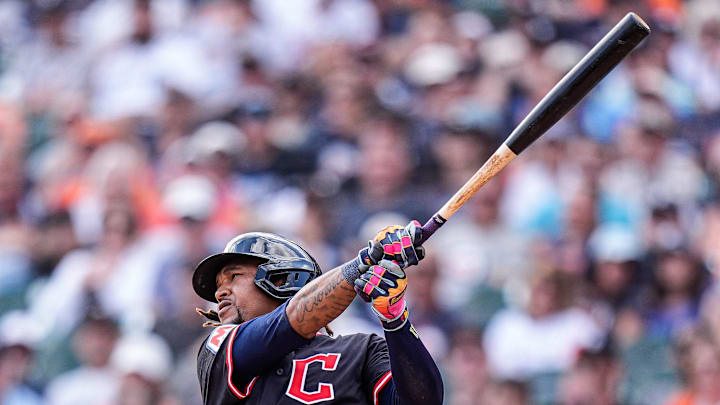 Cleveland Guardians third base José Ramírez (11) bats against Detroit Tigers during the ninth inning at Comerica Park in Detroit on Thursday, Sept. 18, 2025.