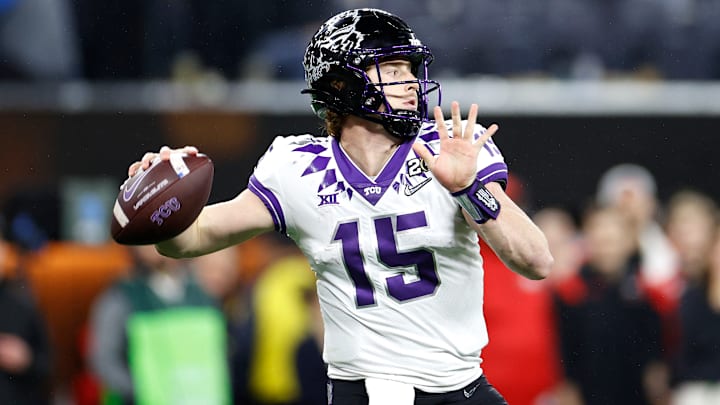 Max Duggan #15 of the TCU Horned Frogs looks to pass in the second quarter against the Georgia Bulldogs in the College Football Playoff National Championship game at SoFi Stadium on January 09, 2023 in Inglewood, California.
