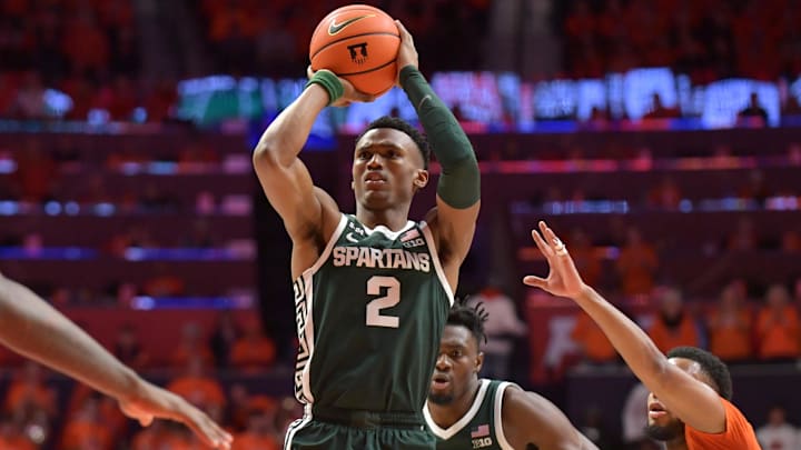 Jan 13, 2023; Champaign, Illinois, USA; Michigan State Spartans guard Tyson Walker (2) shoots the