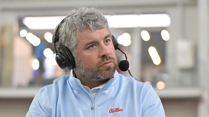 Head coach Pete Golding speaks at Ole Miss “Meet the Rebels” in Oxford, Miss. on Saturday, April 25, 2026.