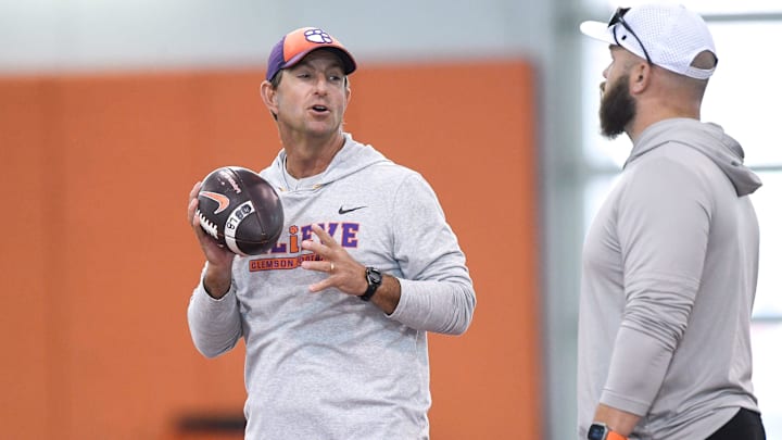 Clemson head coach Dabo Swinney talks with Clemson linebackers coach Ben Boulware during Spring Practice in Clemson, S.C. Monday, March 24, 2025.