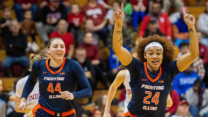 Illinois' Adalia McKenzie (24) and Kendall Bostic (44) celebrate McKenzie's basket during the Indiana versus Illinois women's basketball game at Simon Skjodt Assembly Hall on Thursday, Jan. 16, 2025.