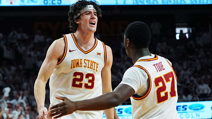 Iowa State Cyclones forward Blake Buchanan (23) celebrates with Iowa State Cyclones forward Killyan Toure (27) after a dunk against Baylor during the second half in the Big-12 men’s basketball on Feb. 7, 2026, at Hilton Coliseum in Ames, Iowa